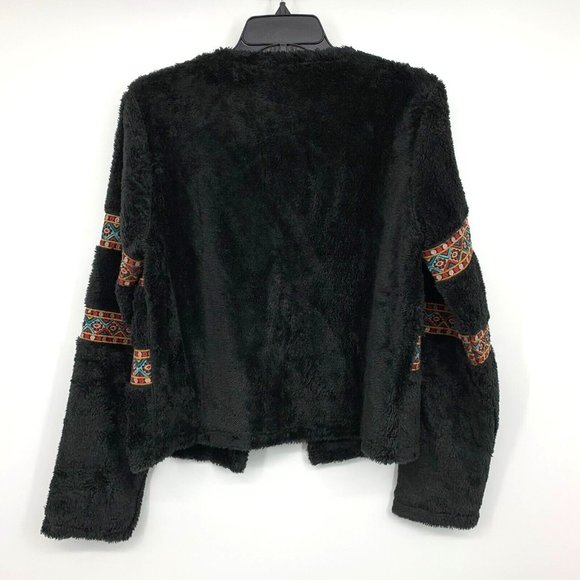 Savanna Jane Jacket Black Embroidered Aztec Faux Fur Open Front - Picture 7 of 9